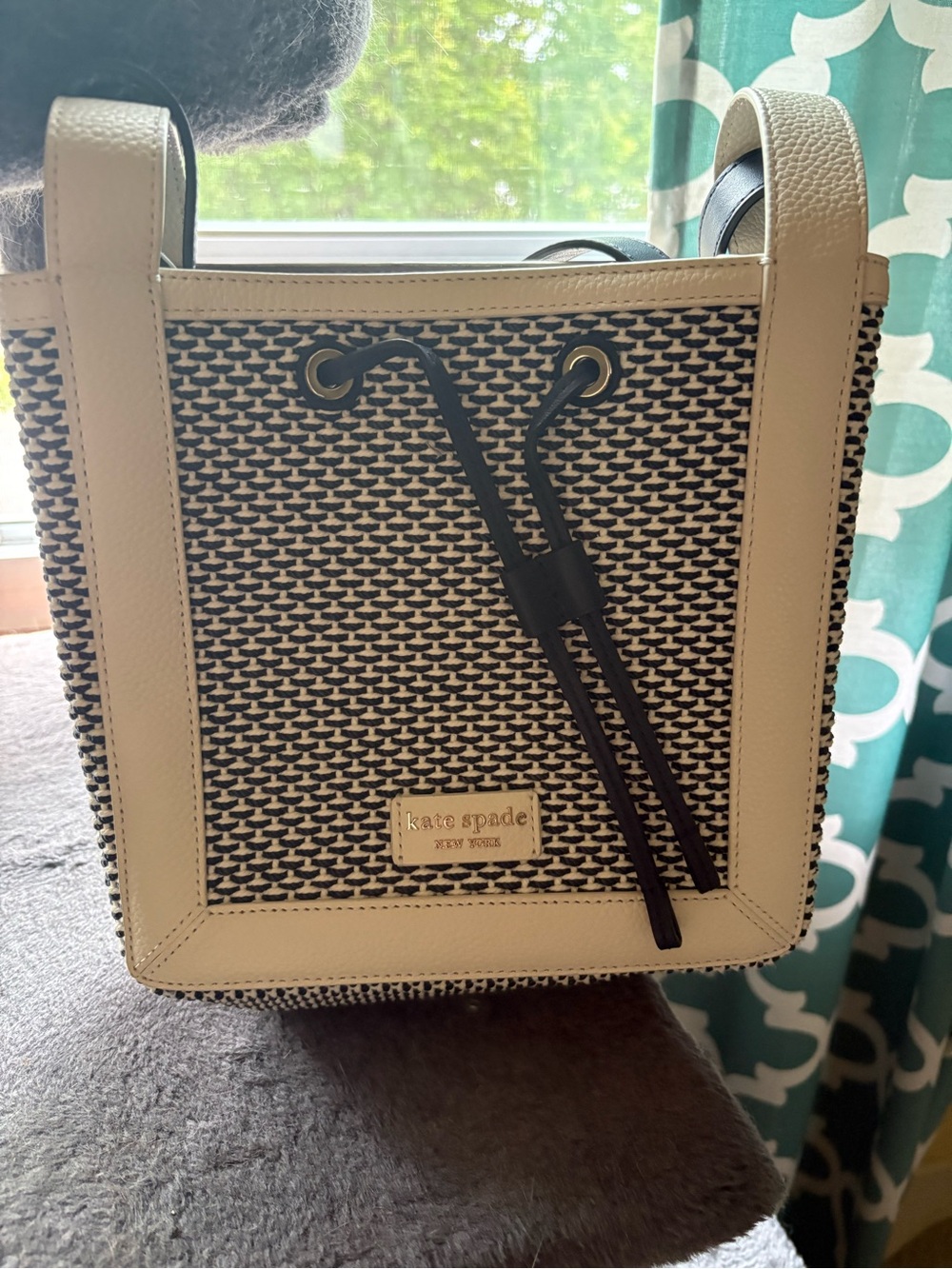 kate spade Cream and Black Woven Tote with Drawcord